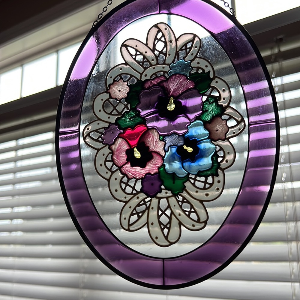 Stained Glass Pansies Wall/Window Art. Purple Edge with Pink/Blue/Purple Flowers